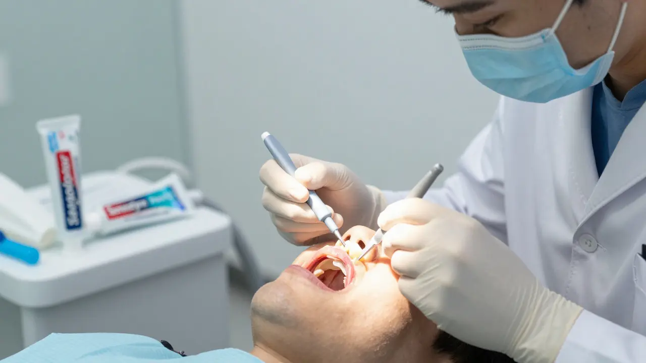 Zubař aplikuje ochranný lak na odhalený kořen zubu s noční štětinou na pozadí