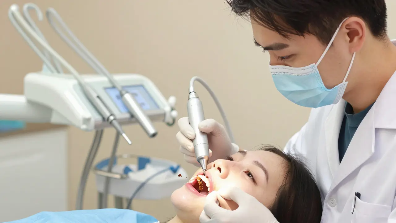 Zubař odstraňuje zubní kámen ultrazvukovým čističem