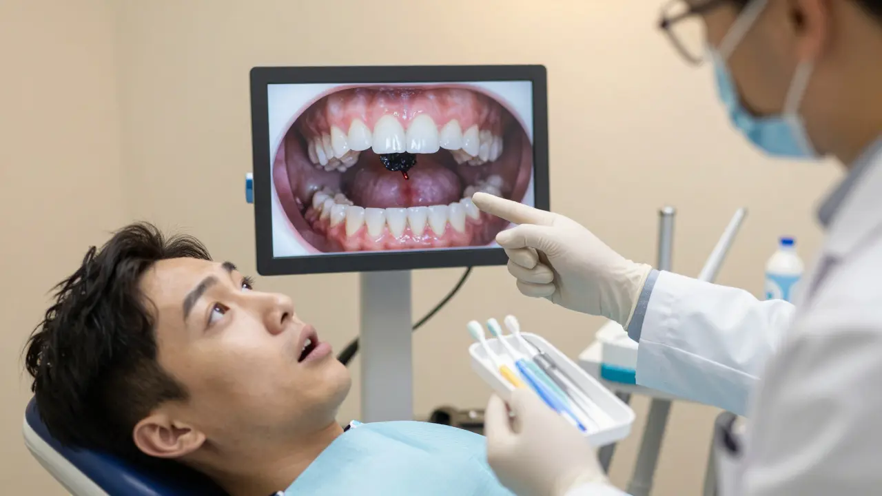 Zubař ukazuje pacientovi obrázek plaku mezi zuby v klinice.