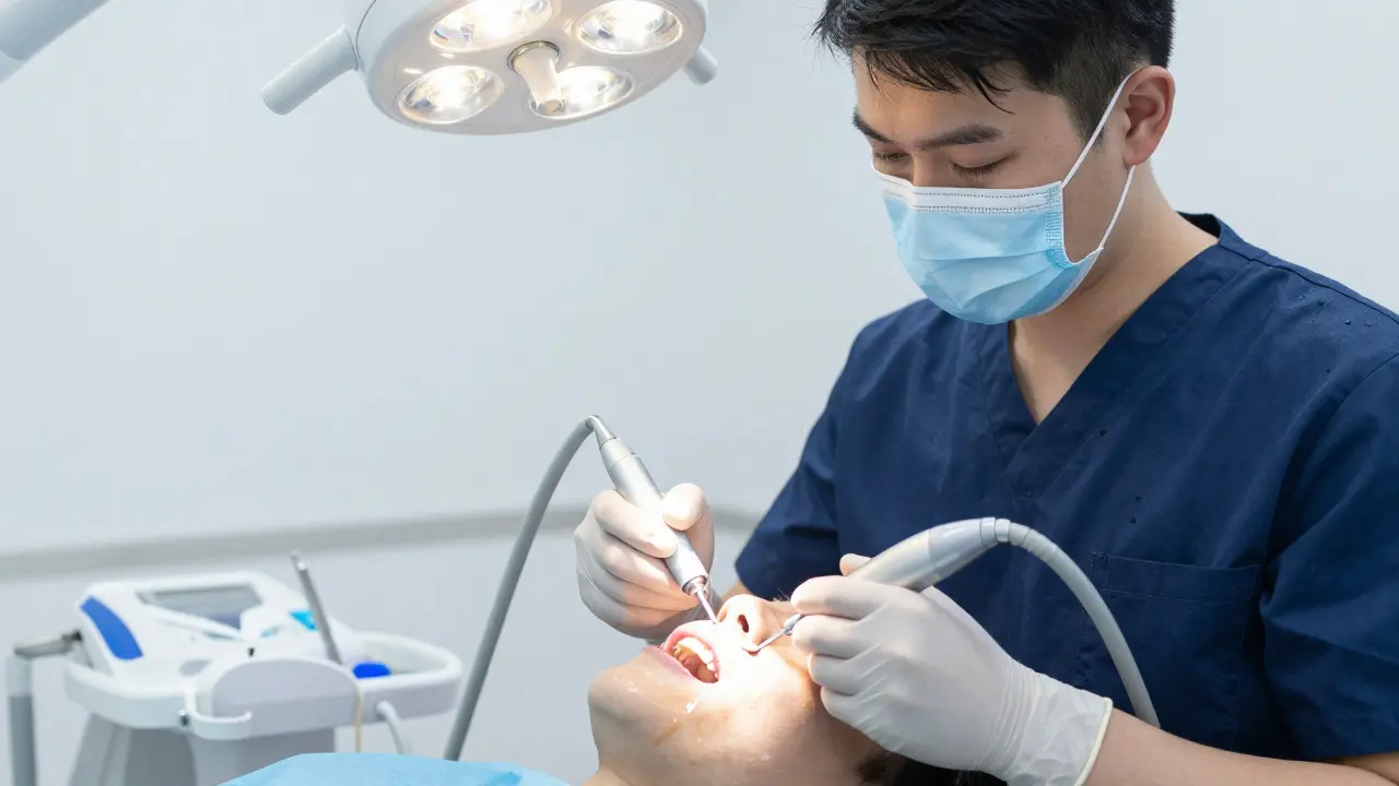 Zubní hygienistka odstraňuje kámen ultrazvukovým nástrojem