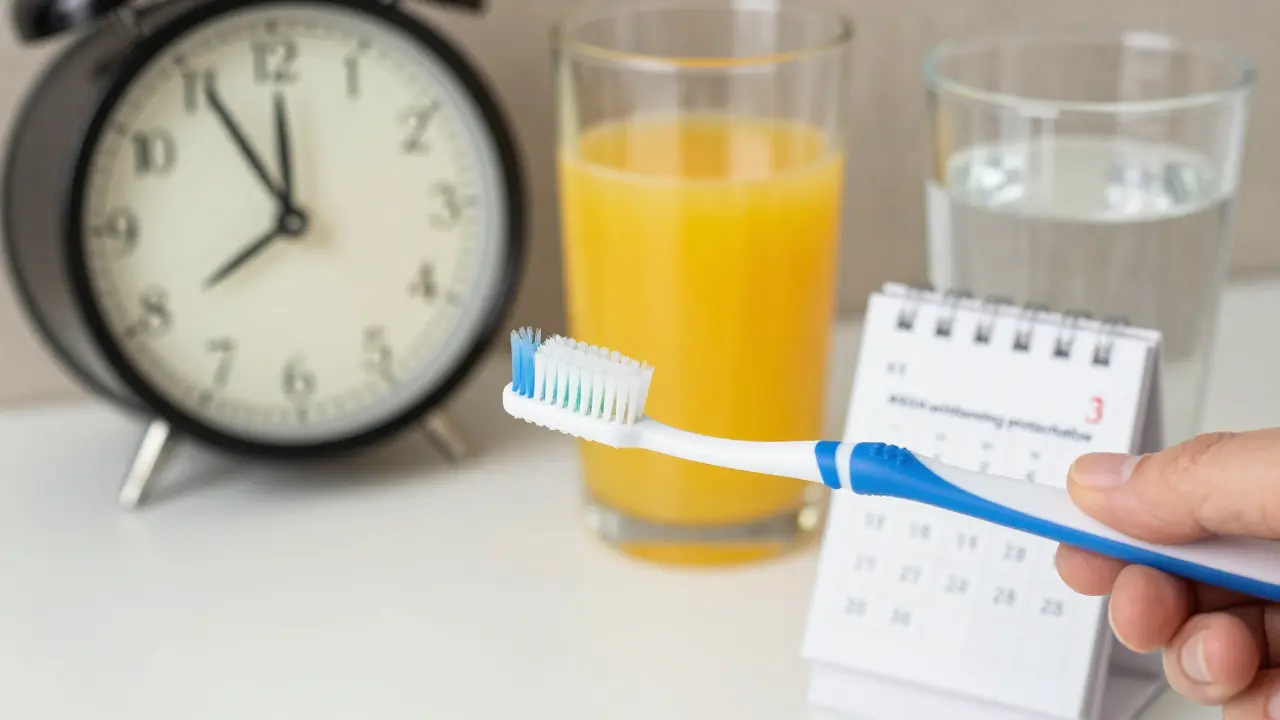 Zubní kartáček čeká 30 minut po pití kyselého nápoje, kalendář ukazuje 48 hodin ochrany.