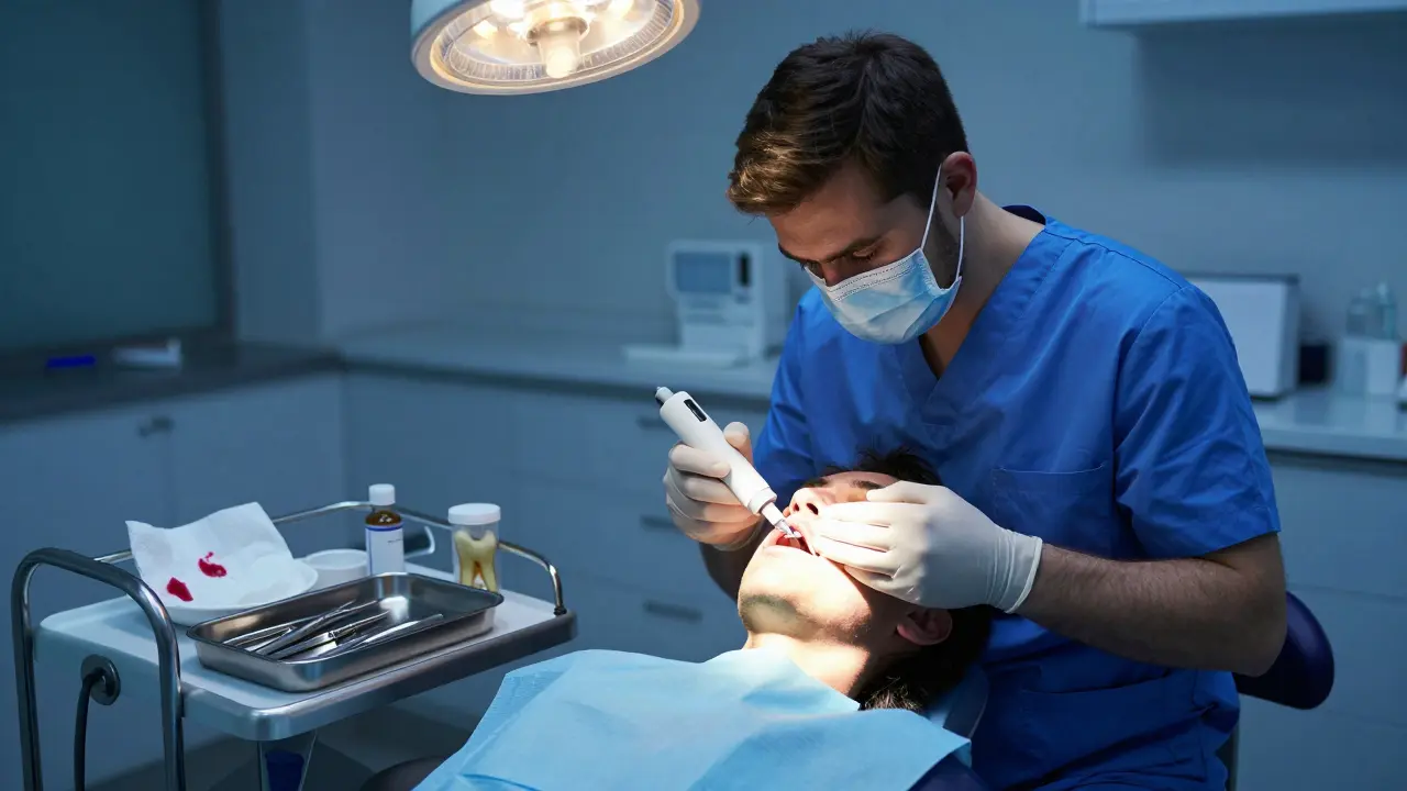 Zubní lékař vyšetřuje pacienta s oteklou tváří pomocí rentgenového zařízení v nouzové ordinaci.