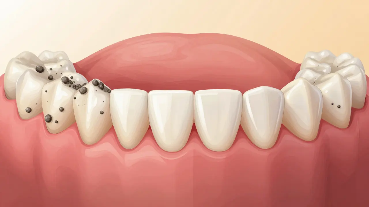 Before and after view of teeth with and without tartar buildup.