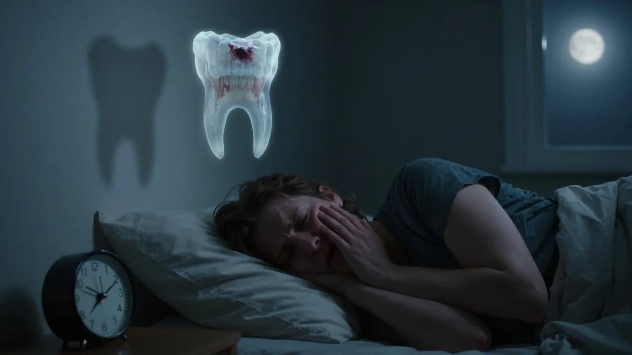 Člověk v posteli trpí bolestí zubu, nad ním se objevuje průhledný obraz zkaženého zubu.