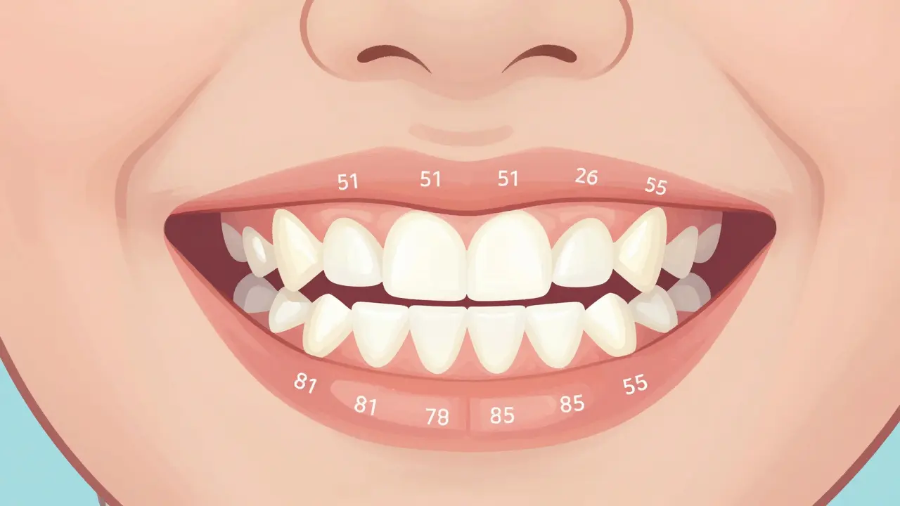 Dětské zoubky označené čísly 51 až 55 a 81 až 85 podle systému FDI pro mléčné zuby.