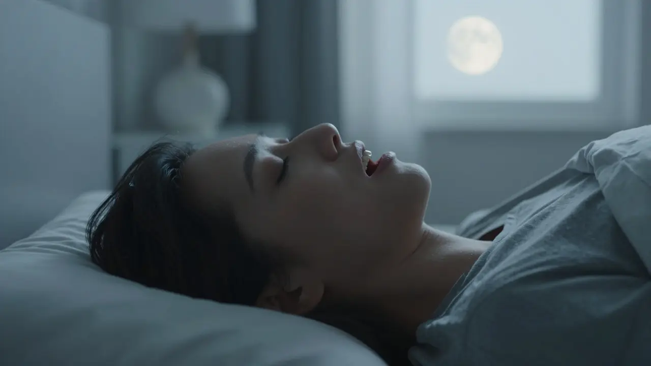 Dospělý spí s otevřenými ústy, měsíční světlo osvětluje nesprávné dýchání.