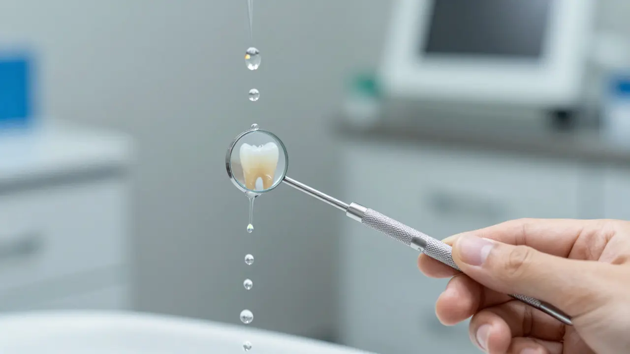 Drobné částice zubního kamene se odplavují vodou při profesionálním broušení.