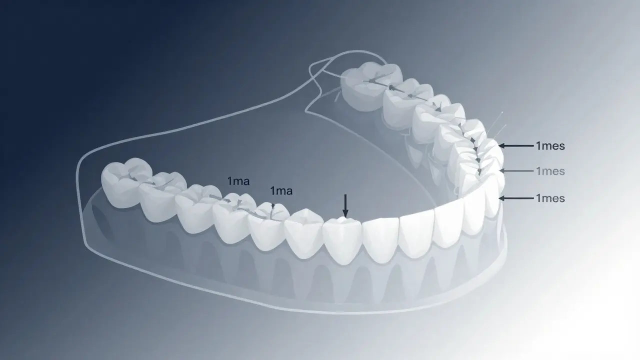 Grafické znázornění postupného pohybu zubů v průhledných rovnátkách během léčby.