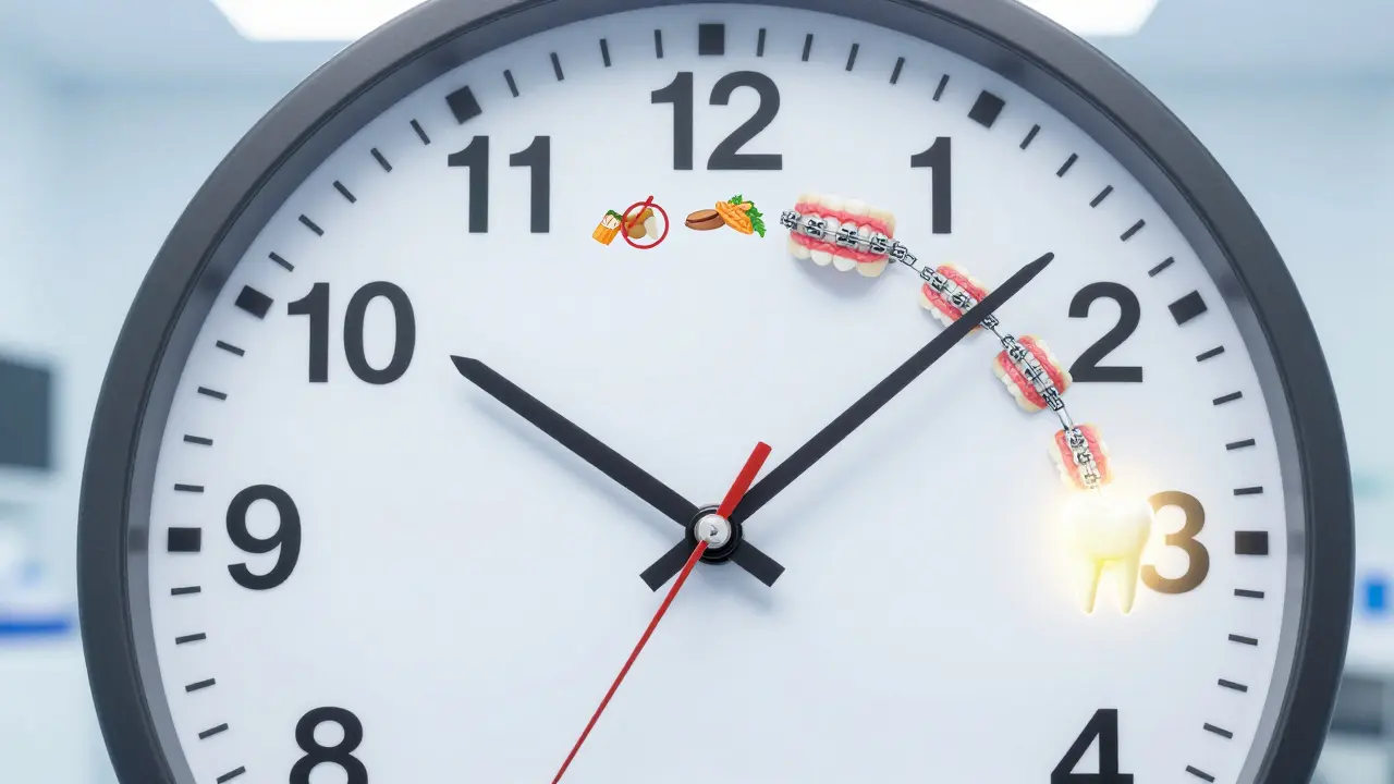 Hodiny s převodem z omezené stravy k volné stravě, symbolizující přizpůsobení rovnátkům.