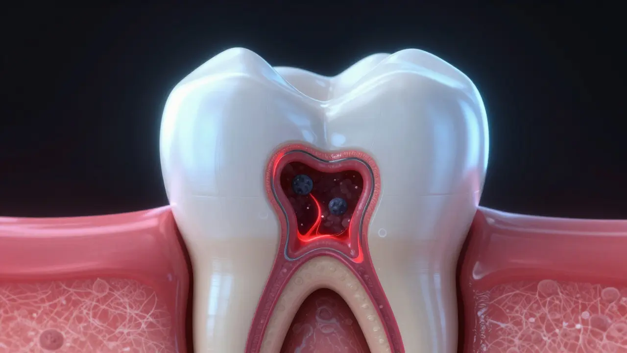Infekce v zubu po vypadnutí plomby (mikroskopický pohled)
