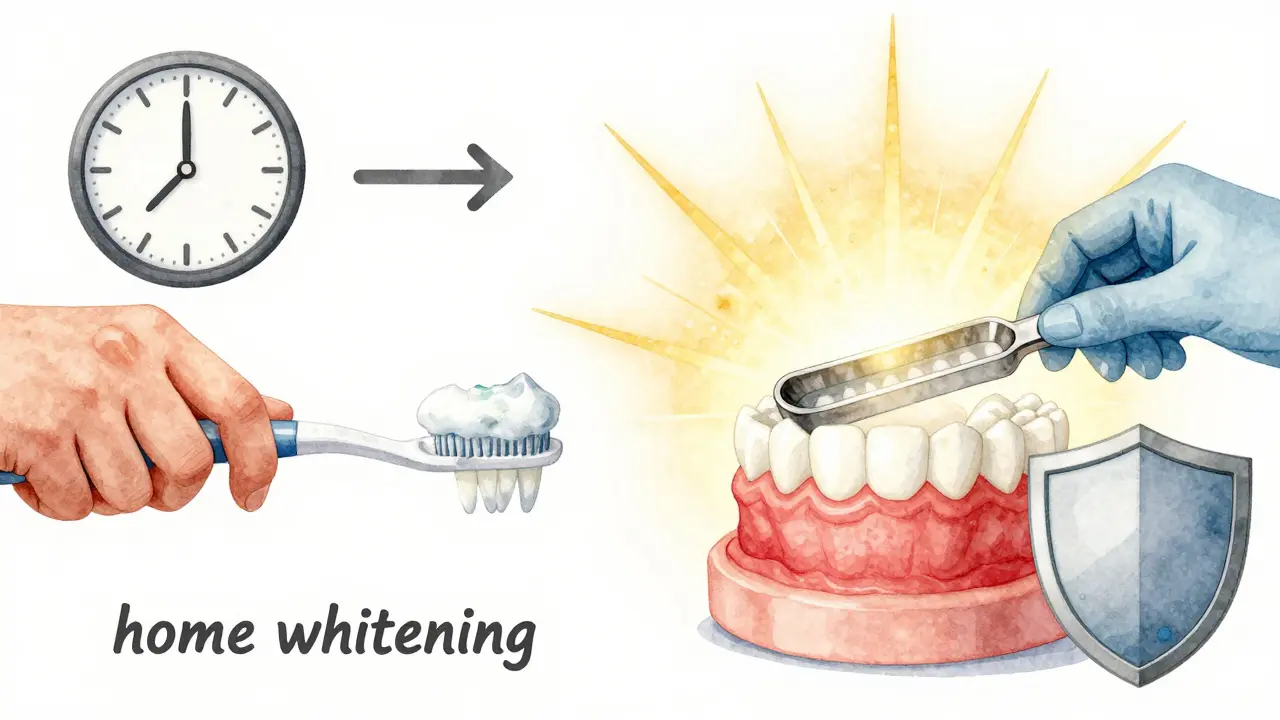 Konceptuální obrázek srovnávající domácí a profesionální bělení zubů s symbolickými prvky.