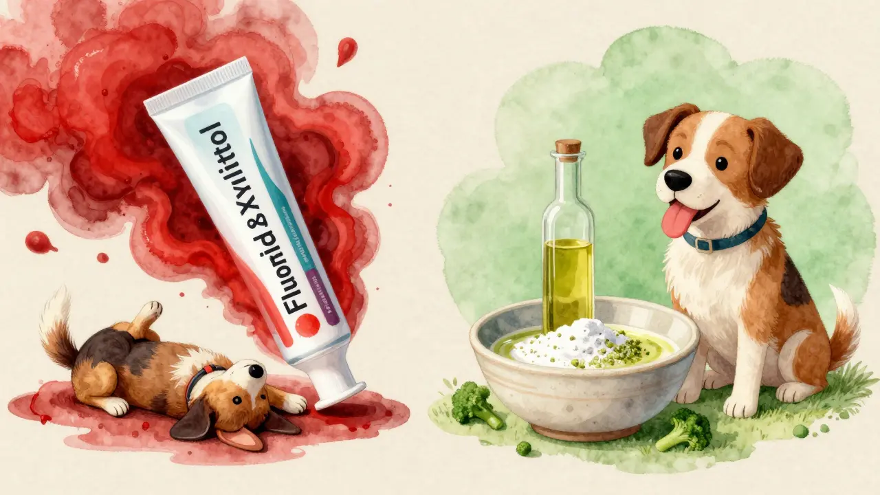 Kontrast mezi nebezpečnou lidskou zubní pastou a bezpečnou domácí pastou pro psy s přírodními ingrediencemi.