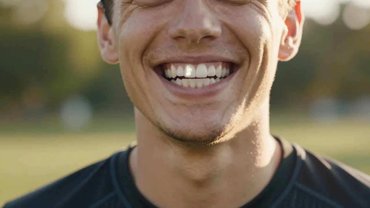 Muž se směje na slunci s přirozenou fazetou na předním zubu