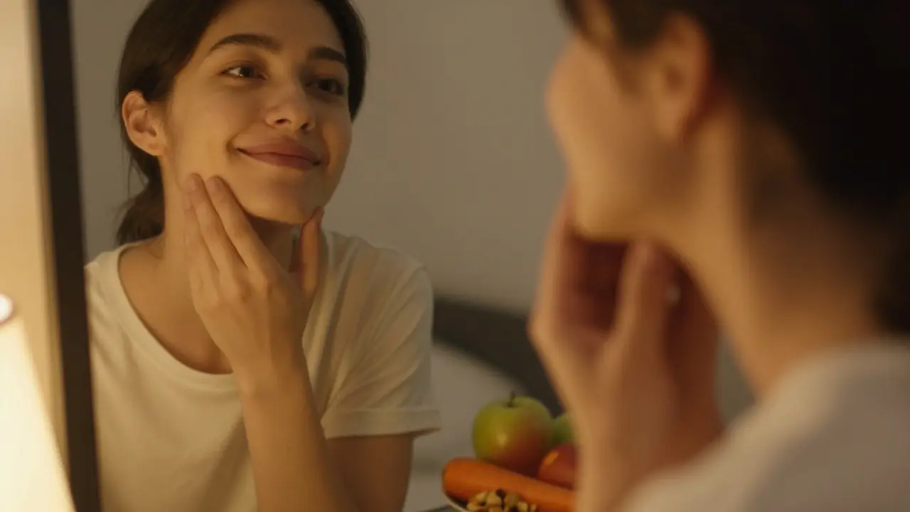 Osoba se dívá do zrcadla a nechce se usmát, viditelný předkus a vyhýbání se zdravé stravě.