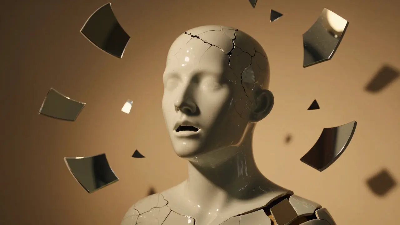 Porézní silueta s prázdnými místy pro zuby, kolem ní letí zlomené zrcadla a hodiny.