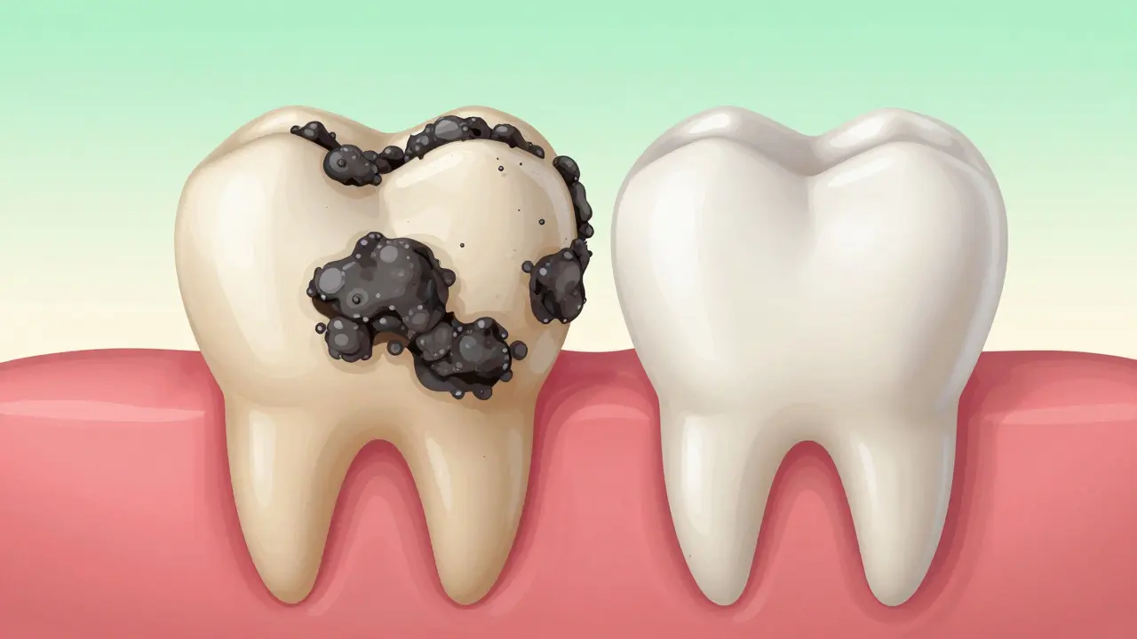 Porovnání zubu s kamenem a po broušení — znečištěný vs. čistý a lesklý.