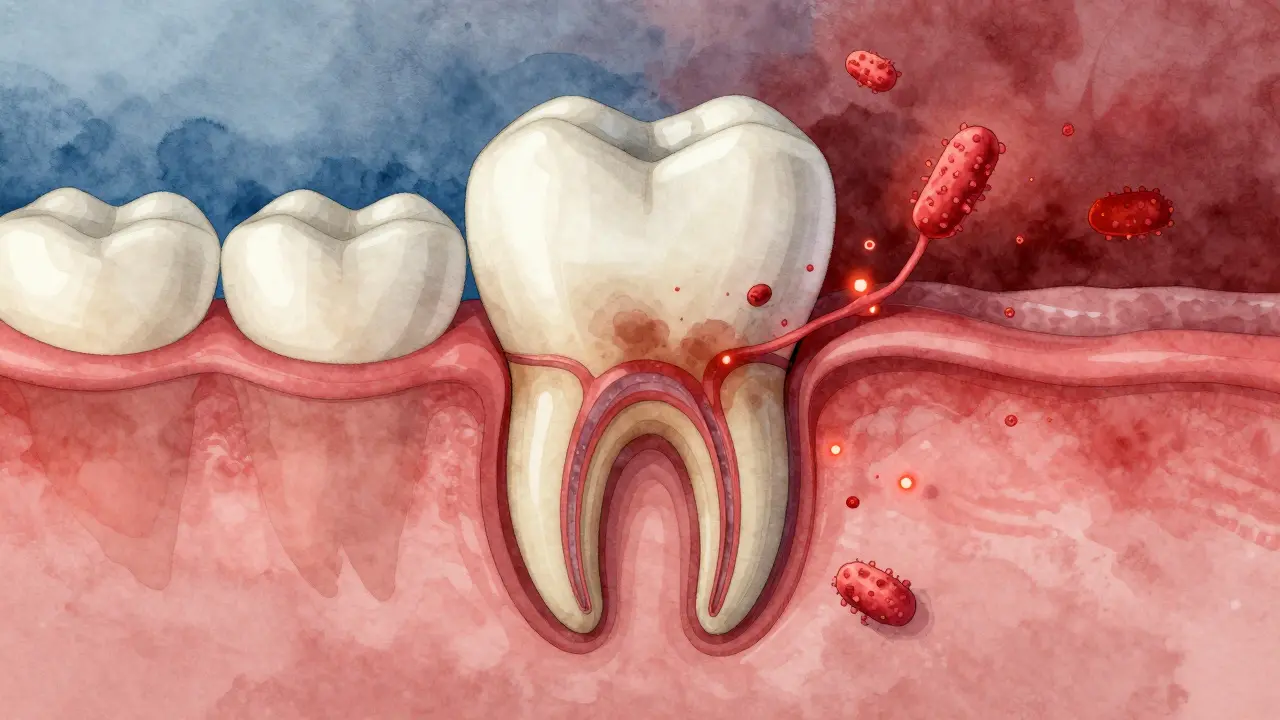 Příčný řez zubem s postupným šířením kazu od skloviny k pulpe a bakteriemi.