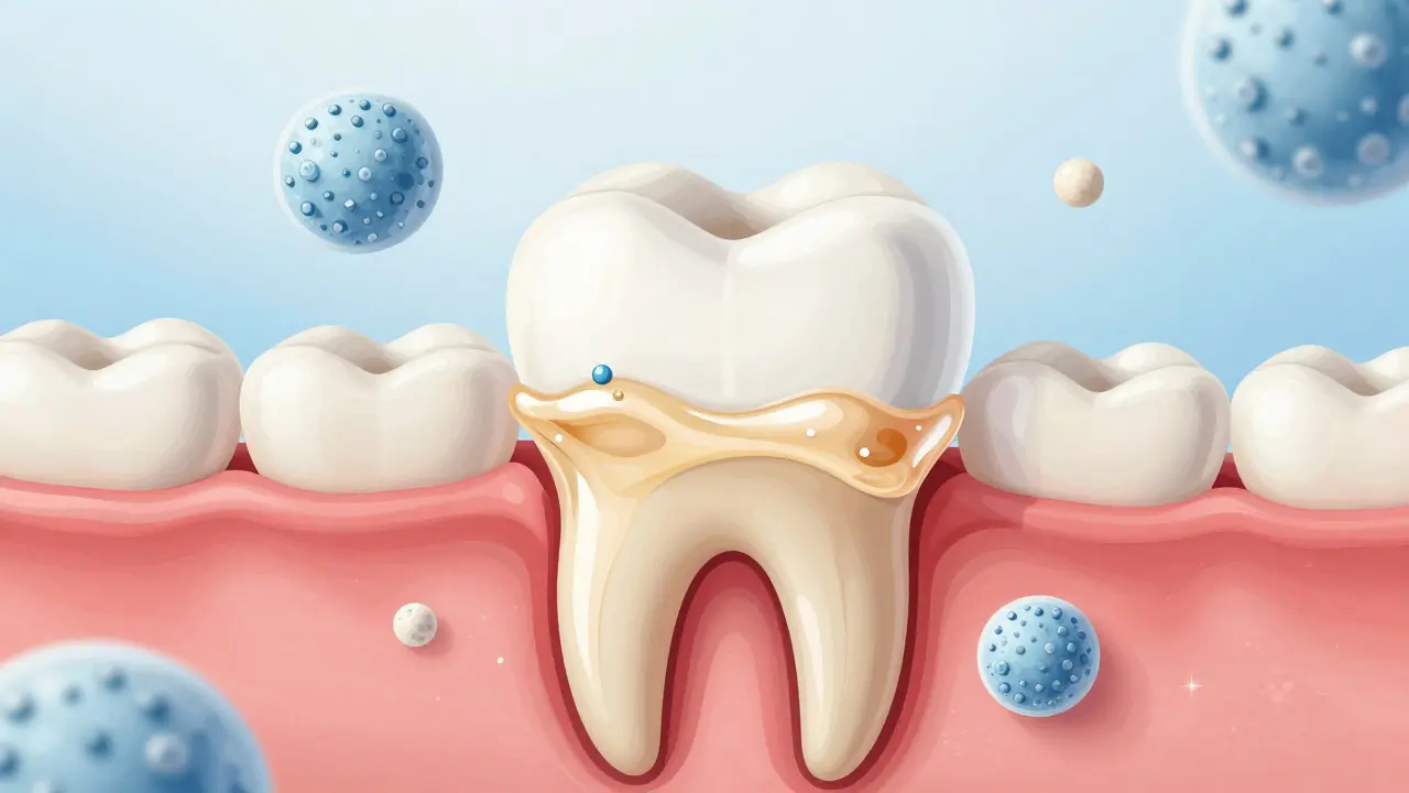 Průřez zubu s odhaleným dentinem, který se obnovuje minerály a ochranným gelem.