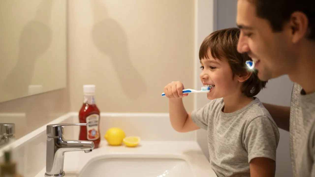 Rodina společně čistí zuby, zatímco kyselé potraviny postupně mizí v pozadí.