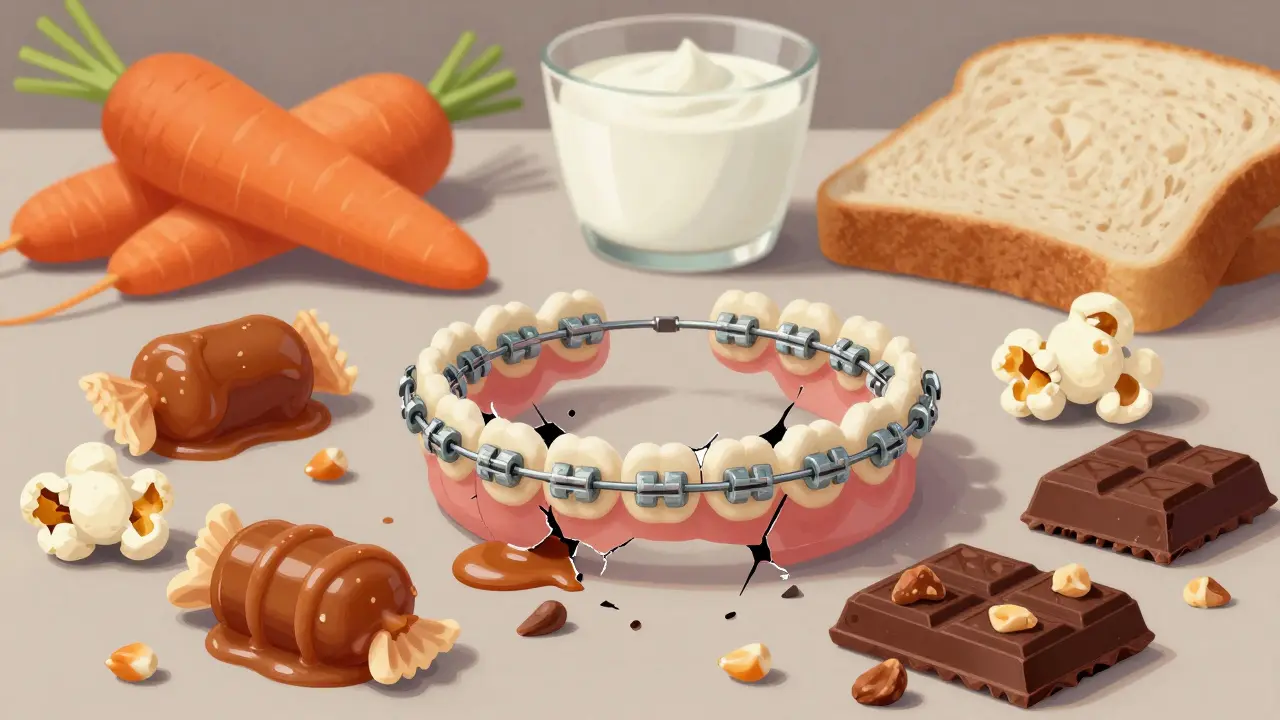 Rovnátka s přilepenými nebezpečnými potravinami jako karamel a oříšky, v pozadí bezpečné volby.