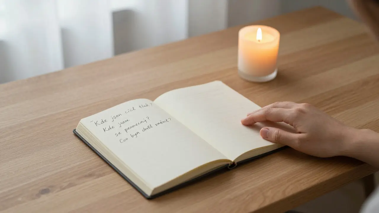 Ruka na stole vedle otevřeného deníku s otázkami, svíce zhasíná v mírném světle.