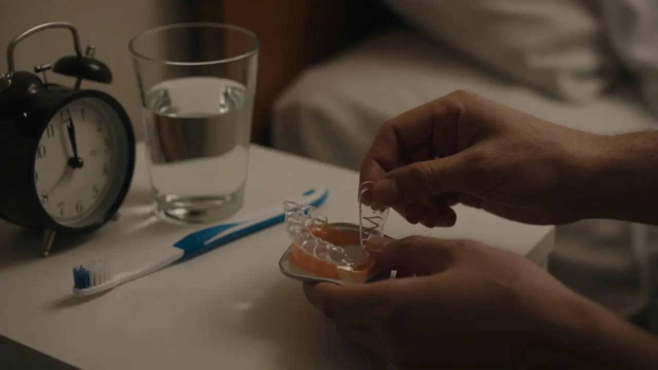 Ruka vkládá retenci do případu před spaním s předměty na nočním stolku.