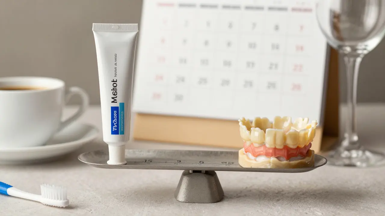 Scale balancing temporary teeth whitening against permanent ceramic crown solution.