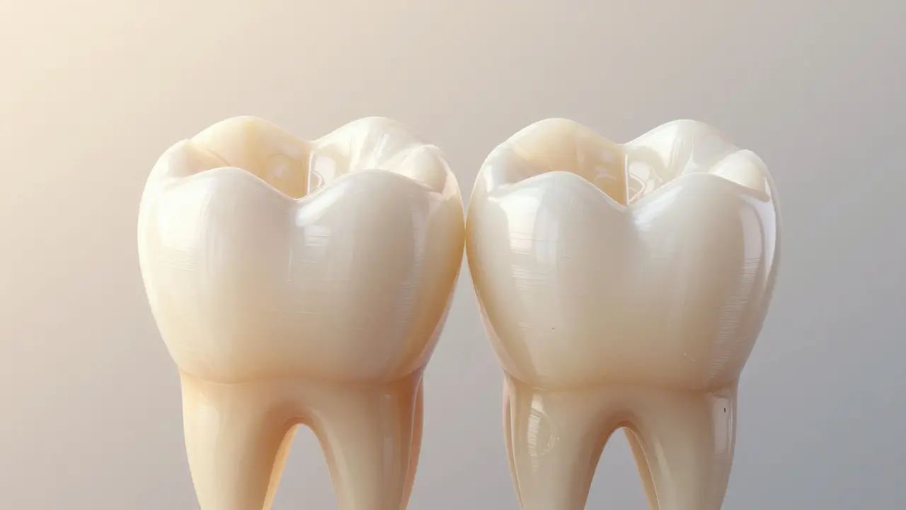 Side-by-side comparison of stained natural tooth and translucent zirconia ceramic crown.