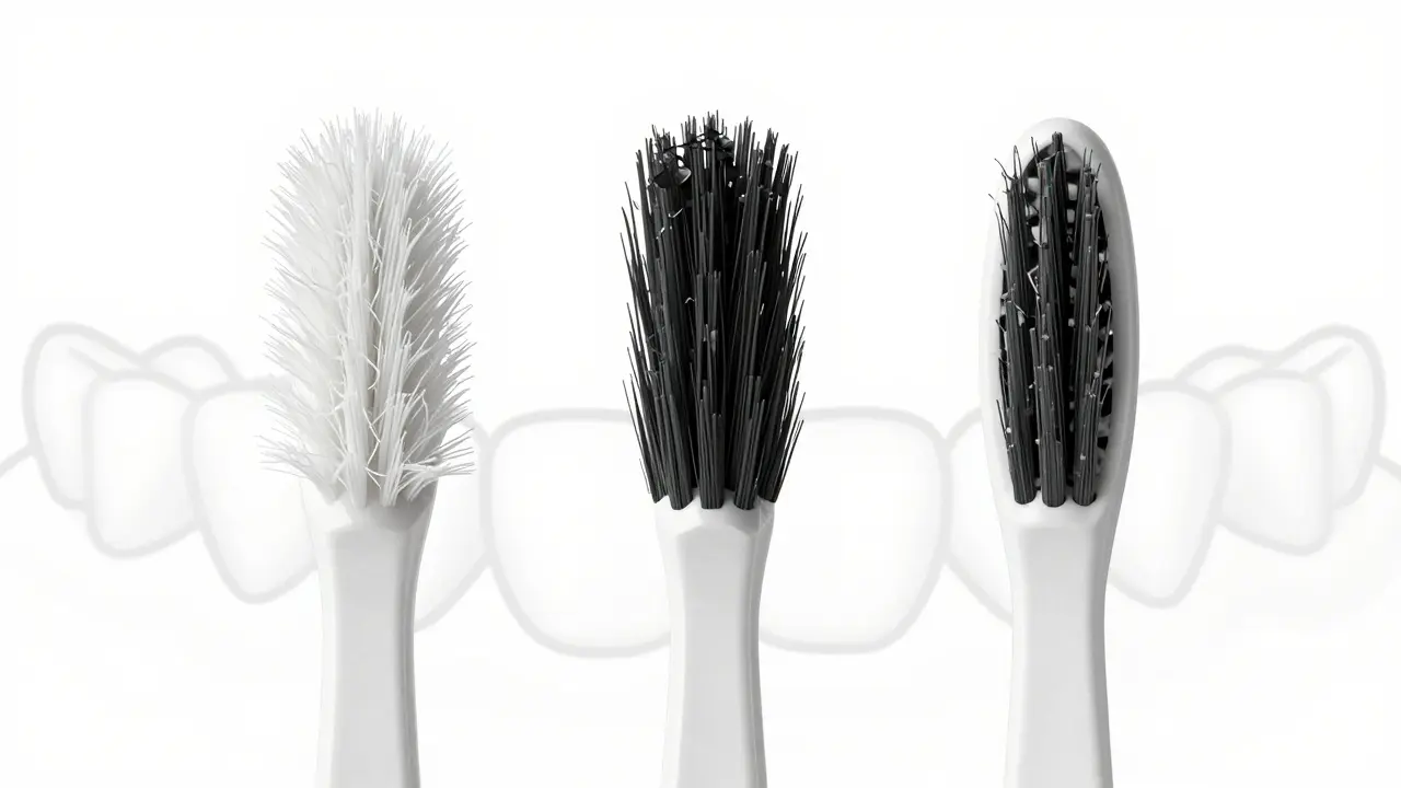Srovnání tří typů štětin mezizubního kartáčku: měkké, střední a tvrdé.