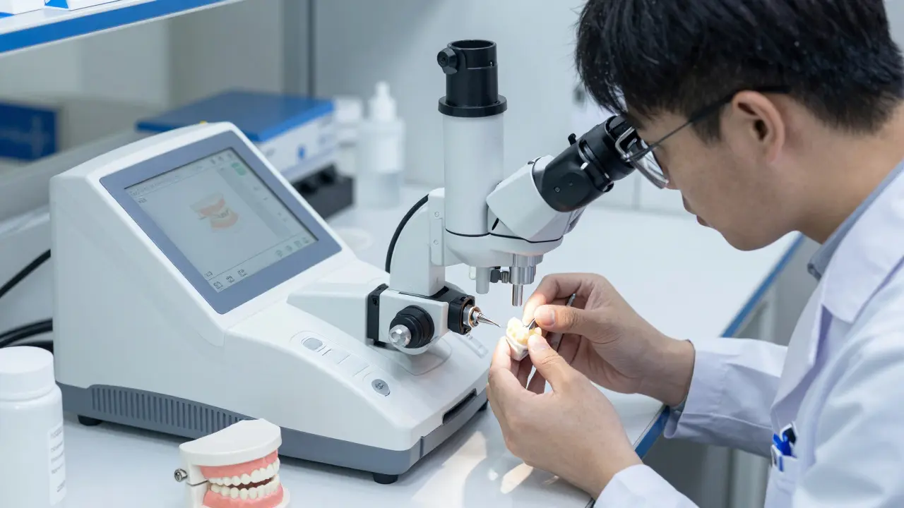 Technik v zubní laboratoři kontroluje přesnou fazetu pod mikroskopem