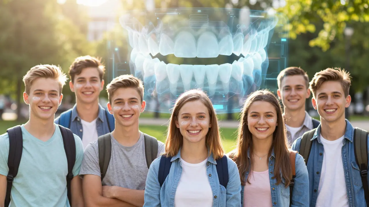 Teenagerové a dospělí se smějí v parku s téměř neviditelnými alignery a holografickým přehledem jejich léčby.