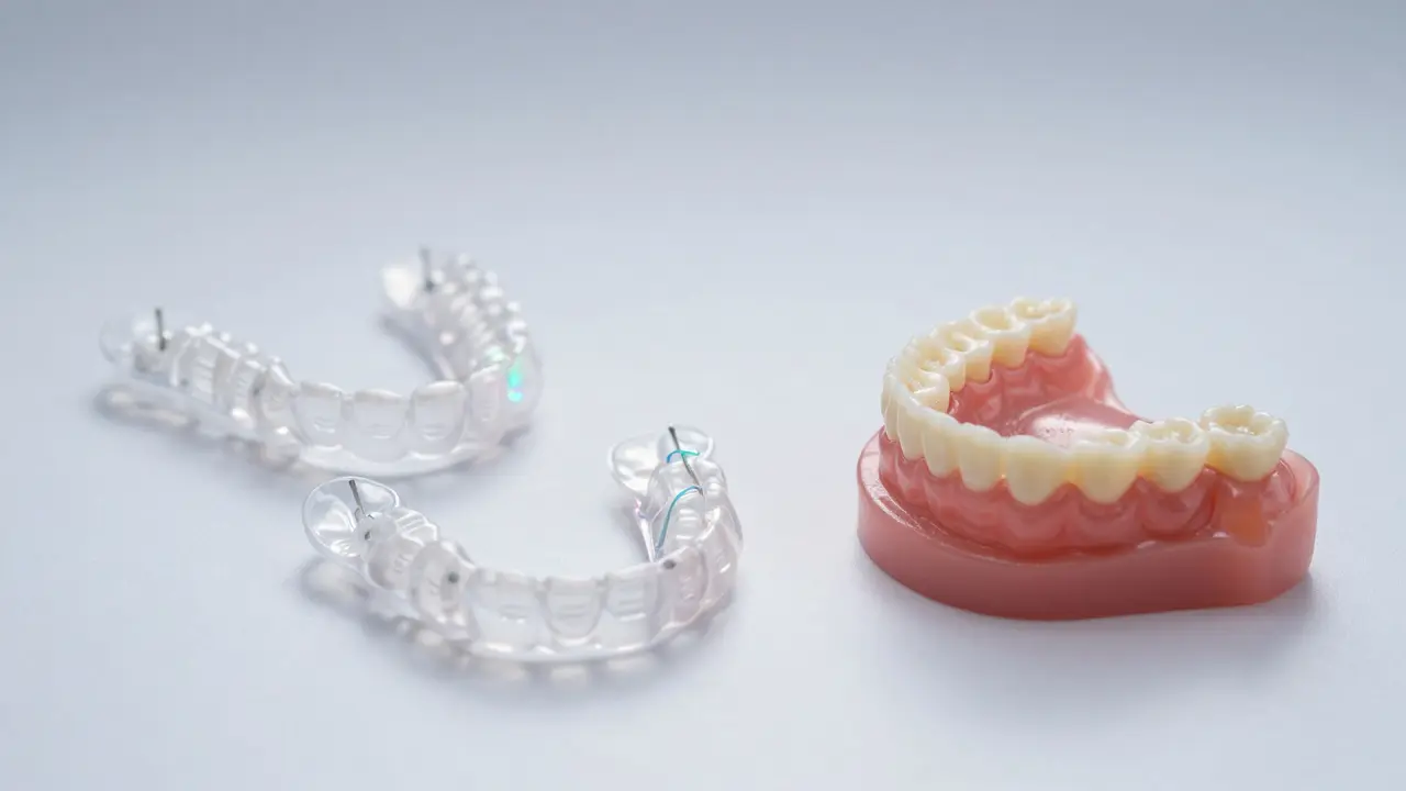 Tři pokročilé ortodontické zařízení: aligner, chytrý drát a keramická fixace na bílém pozadí.