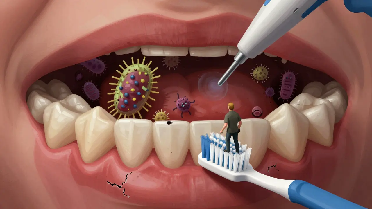 Umělecké znázornění ústní dutiny jako bitvy mezi bakteriemi a zubními tkáními s krvácením a ztrátou kosti.