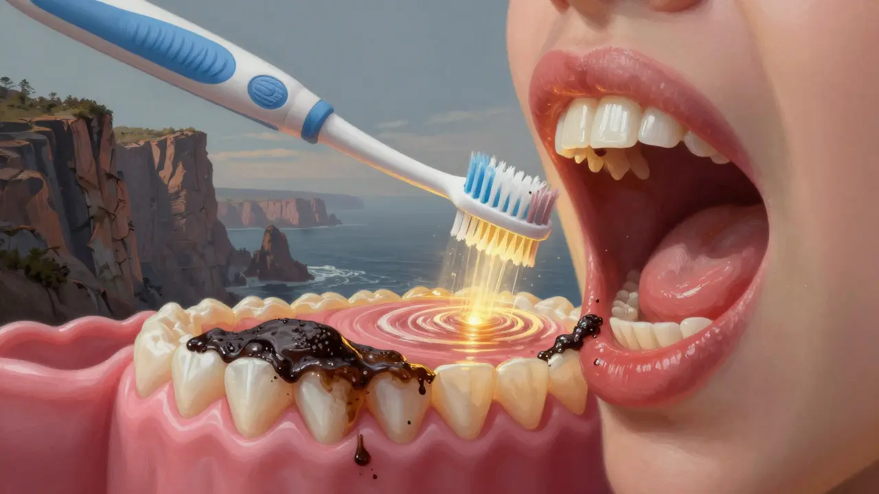 Vnitřní pohled do úst, kde sonický kartáček odstraňuje plak a obnovuje zdravou barvu dásní.