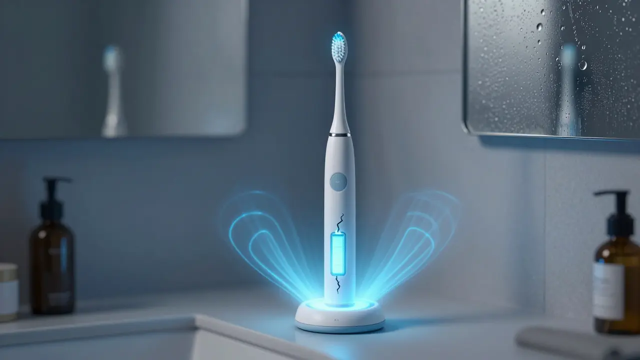 Základní jednotka sonického kartáčku s ukazatelem vyčerpané baterie v koupelně.