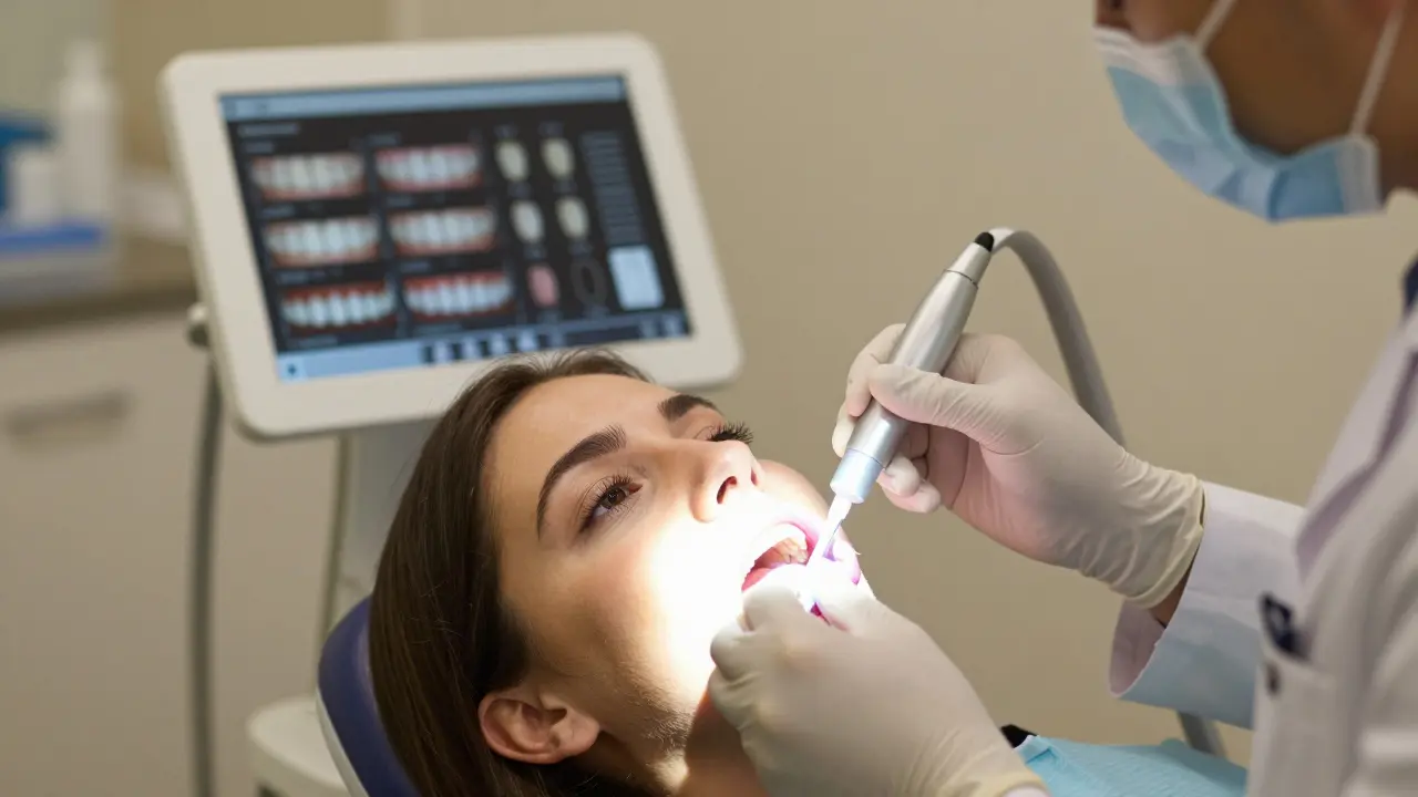 Zubař aplikuje bělící gel na zuby pacienta pod dohledem LED světla v klinice.