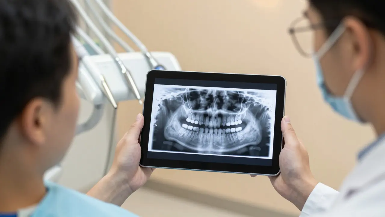 Zubař ukazuje na tabletu rentgenový snímek s označenými čísly zubů podle FDI systému.