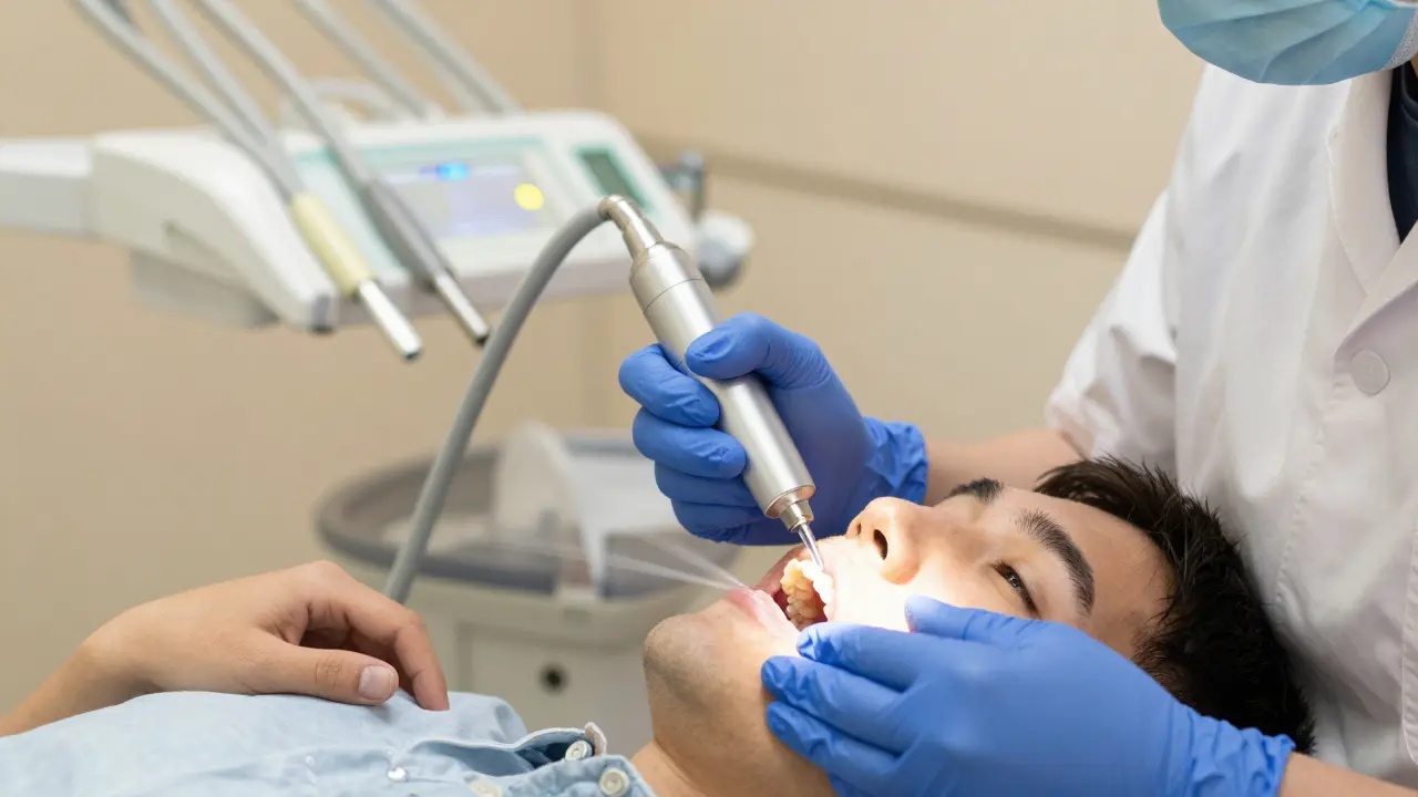 Zubní hygienik odstraňuje kámen pod dásní pomocí ultrazvukového nástroje.