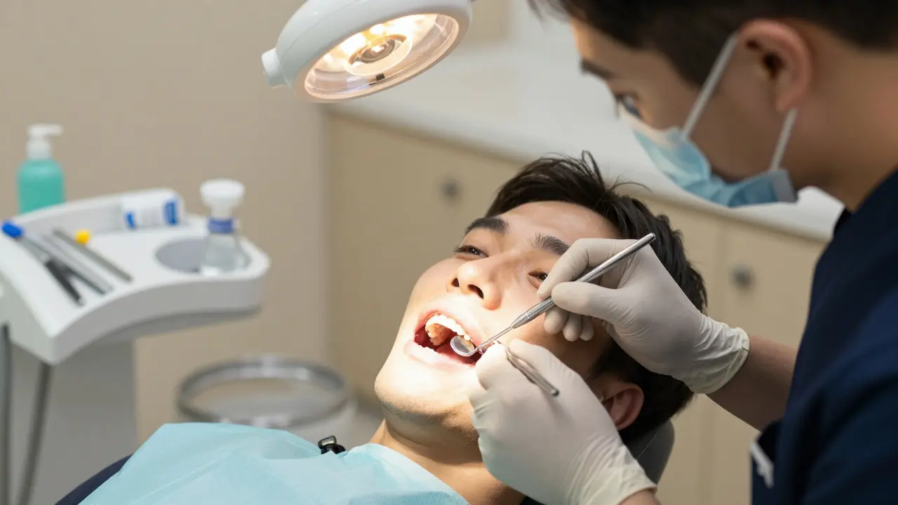 Zubní lékař prohlíží zub pomocí zrcátka a světla