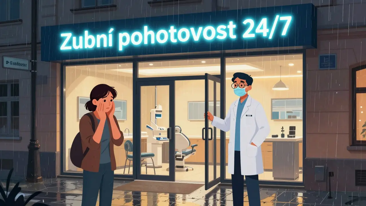 Zubní pohotovost v nočním Olomouci s pacientem a lékařem u vchodu.