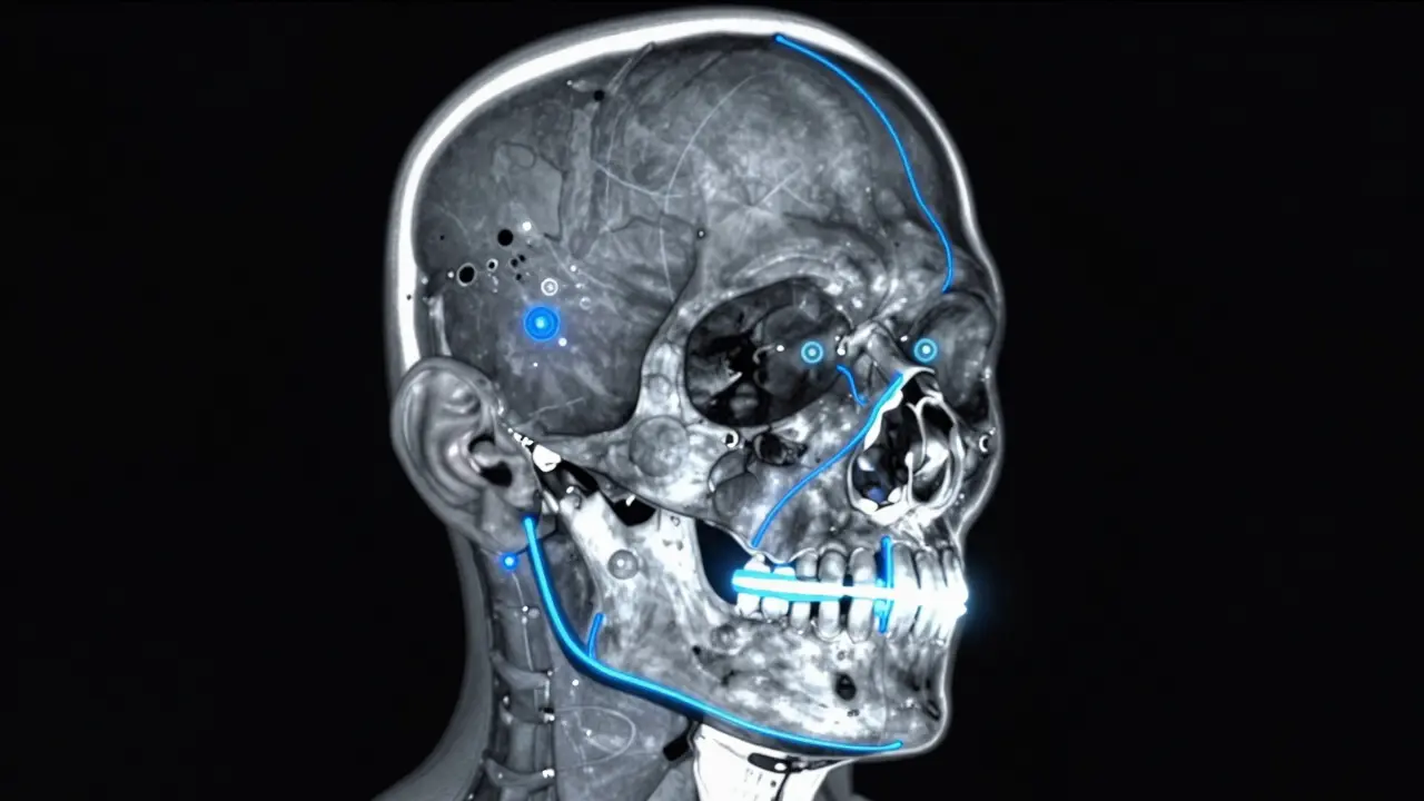 3D počítačový model čelisti s chirurgickým plánem a kovovými desky pro fixaci kostí.