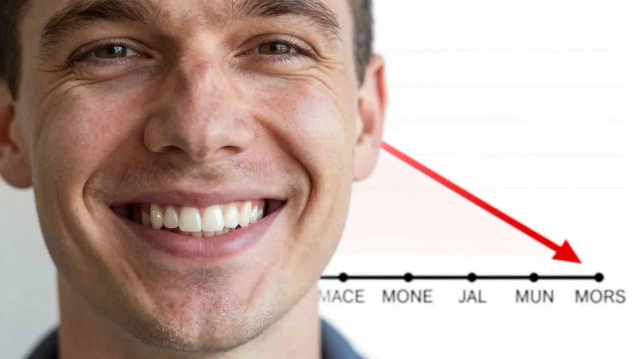 Asymetrický úsměv s jednou stranou obličeje zhroutenou kvůli ztrátě zubů.