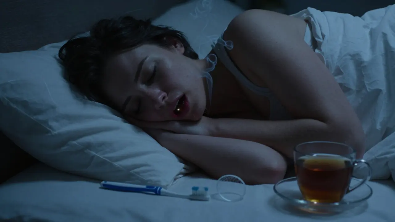 Člověk spí s otevřenou ústí, z něj stoupají kouřové vlny, symbolizující bakterie a nespánek.