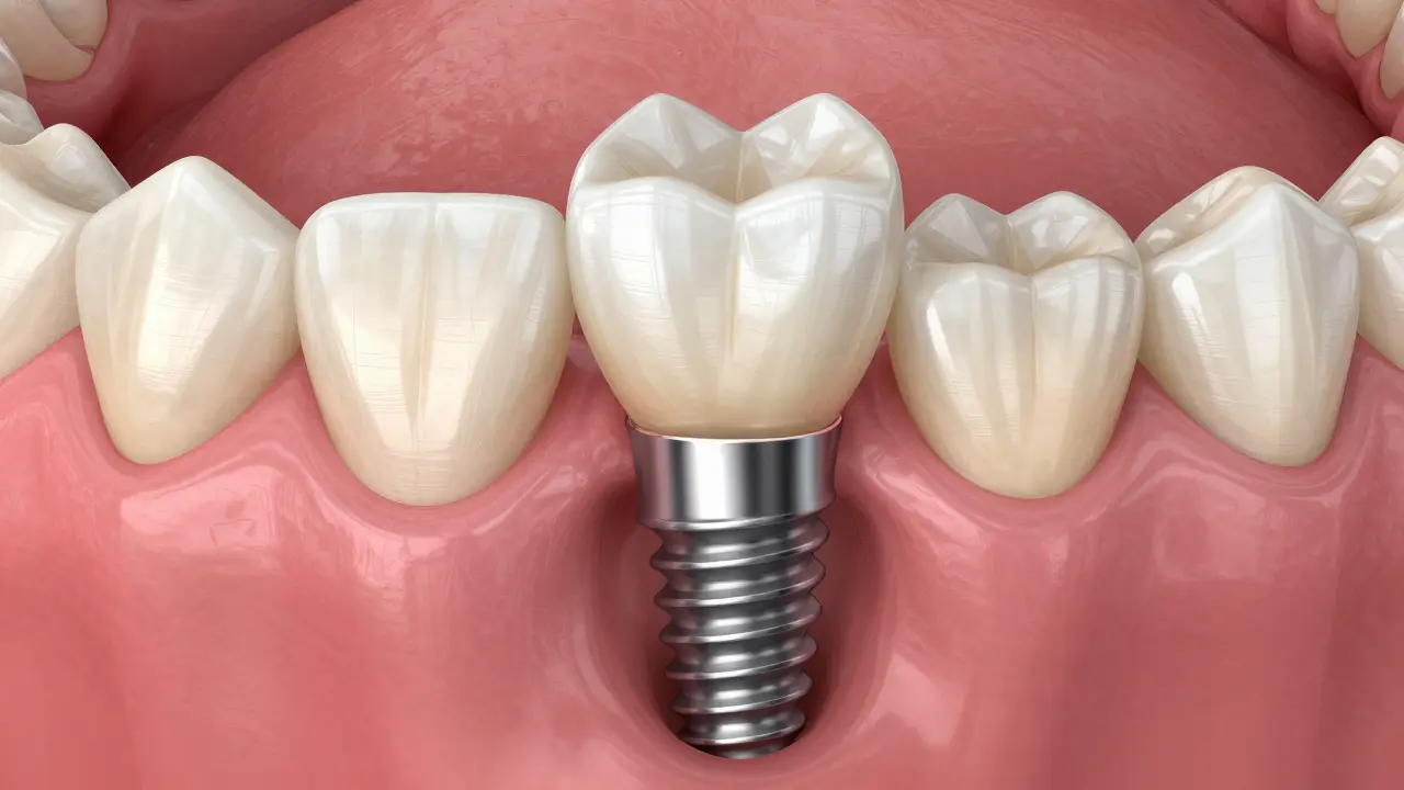 Cross-section of dental implant with e-max ceramic crown in jawbone.