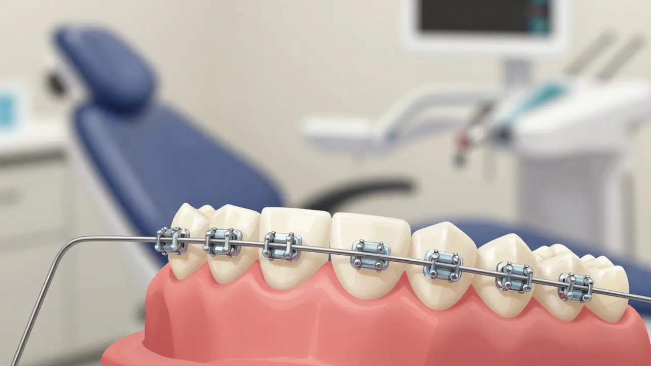 Detailní zobrazení keramických zámků a drátu na zubech, jemně působících na jejich přesun do správné polohy.