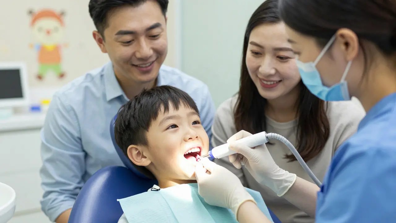 Dětská zubní hygienistka odstraňuje kámen zubním ultrazvukem, dítě se usmívá.