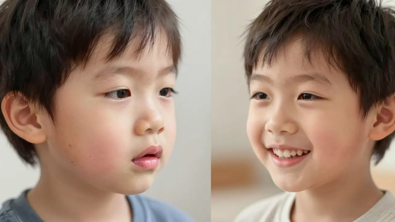 Dítě před a po operaci rozštěpu retu a patra — vylepšení tváře a výrazu smíchu.