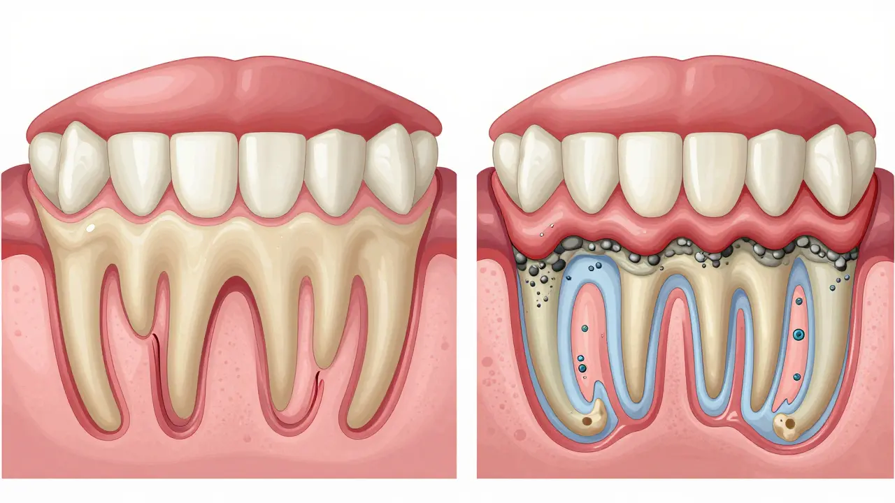 Dva porovnávací řezy zubů: zdravý zub a zub s kamenem, zánětem dásní a ztrátou kosti.