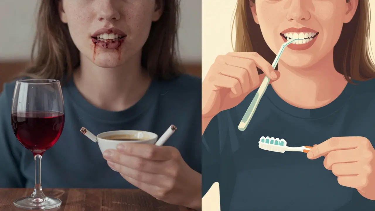 Dvě strany: jedna ukazuje špinavé zuby z kávy a cigaret, druhá osvěžené zuby s zdravými návyky.