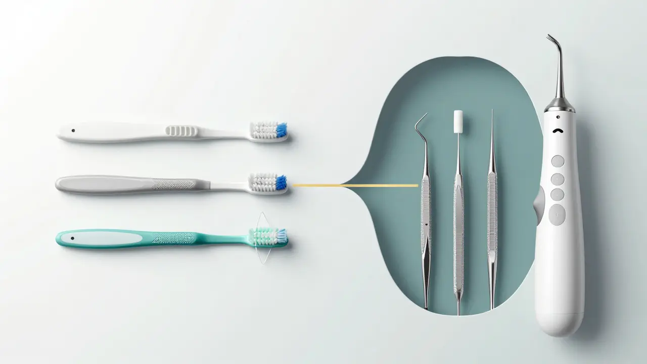 Kompozice domácích a profesionálních nástrojů pro dentální hygienu v harmonickém uspořádání.